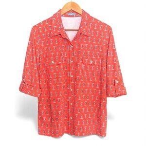 J.McLaughlin XL Anchor Print Button Down Shirt Orange Long Sleeve Roll Tab Top